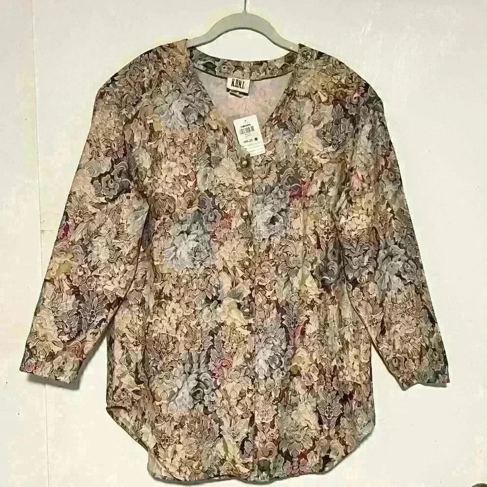 Vintage KBNI Womens Floral V Neck Button Up Top Blouse Modest Size Large $100